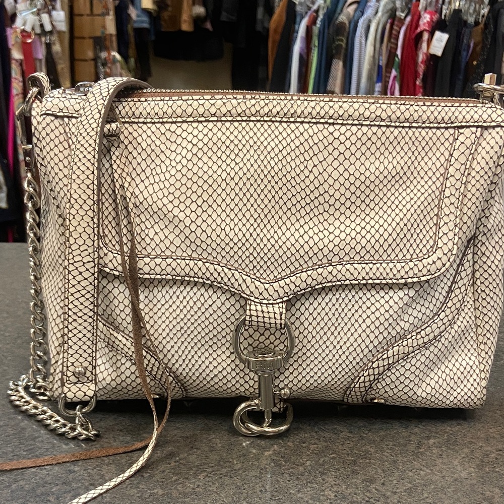Rebecca Minkoff Cream Snake-Embossed Crossbody with Silver Chain